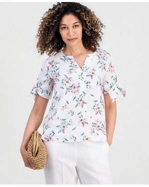 Charter Club Petite Linen Shannons Garden Tie-sleeve Top - White