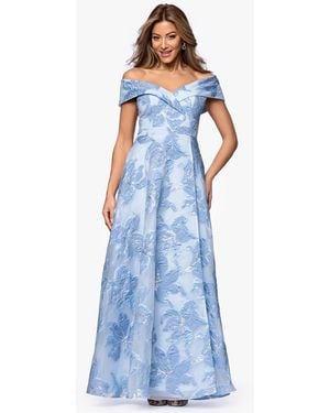Xscape Long Jacquard Printed Off The Shoulder Ball Gown - Blue