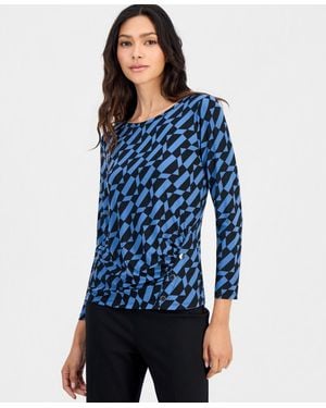 Anne Klein Essentials Petite Geo Printed Front Ruche Boat Neck Work Blouse - Blue
