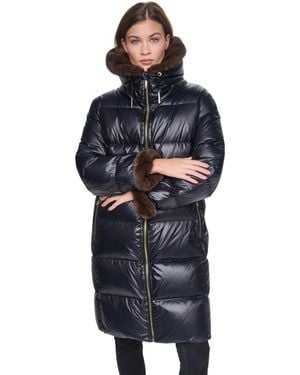 Halston Long Faux Fur Cuff And Collared Puffer - Blue