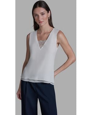 BCBGMAXAZRIA V-neck Lace Detail Pull-on Top - Gray