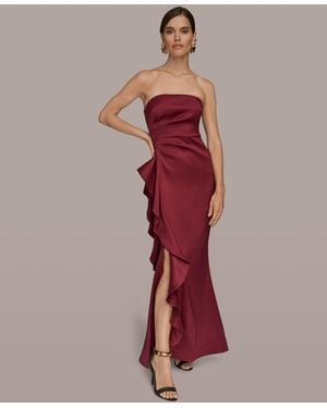 Donna Karan Strapless Side Ruffle Dress - Red