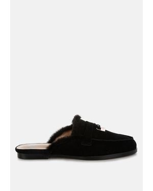 Rag & Co Bosnia Suede & Faux Fur Slip On Mules - Black