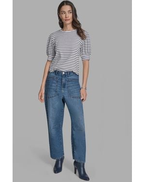 BCBGMAXAZRIA Knee Seam Patch Pocket Barrell-leg Jeans - Blue