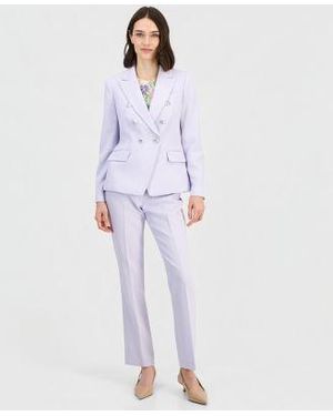 Tahari Twill Peak Lapel Faux Double Breasted Blazer Scoop Neck Sweater Flat Front Straight Leg Pants - White