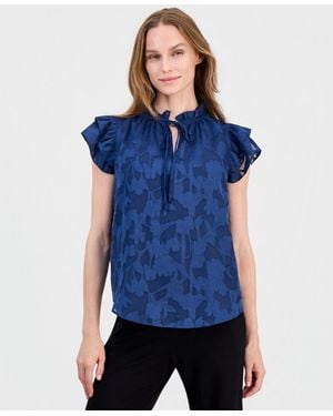 Anne Klein Ruffled Tie-neck Cap-sleeve Blouse - Blue