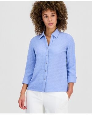 Kasper 3q Button Frt Top With Split Cuff - Blue