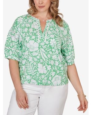 Ruby Rd. Plus Size Tropical Floral Trim Knit Top - Green