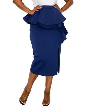 L I V D Plus Size Ruffled Peplum Neoprene Midi Skirt - Blue