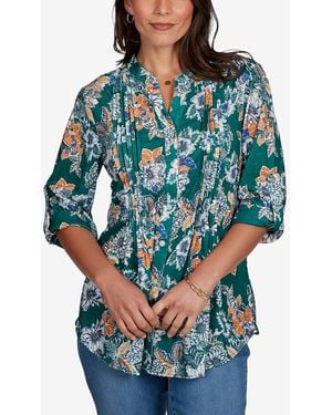 Ruby Rd. Petite Kensington Henley 3/4-sleeve Floral Blouse - Blue