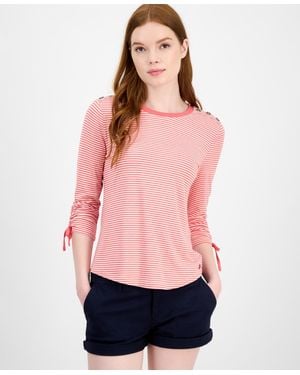 Tommy Hilfiger Striped Ruched-sleeve Top - Pink