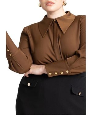 Eloquii Plus Size Pointed Collar Button Up Shirt - Brown