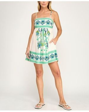 ROW A Sleeveless Tie Back Border Printed Dress - Blue