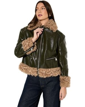 MissPap Premium Faux Fur Collar Aviator Jacket - Green