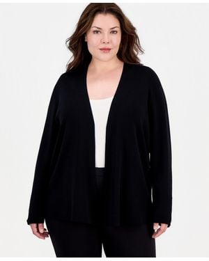 Anne Klein Essentials Plus Size Collarless Open-front Long-sleeve Cardigan - Black