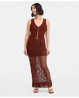 BarIII Net Fringe-hem Skirt - Red
