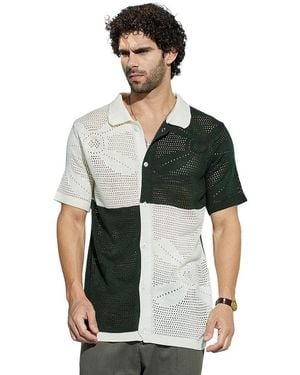 Campus Sutra Emerald Green & Cream Block Open-knit Polo Shirt