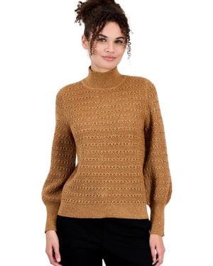 Anne Klein Puff-sleeve Sequin Mockneck Sweater - Brown