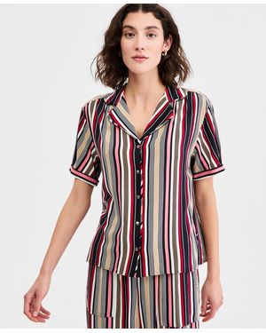 Nautica Striped Puff-sleeve Camp Shirt - Red
