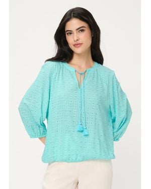 Olsen Eyelet Embroidered Tunic Blouse - Blue