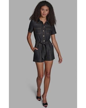 BCBGMAXAZRIA Stretch Denim Button-front Closure Romper - Black