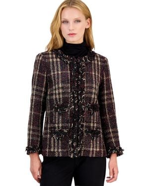 Anne Klein Petite Fringe-trim Plaid Shawl-collar Jacket - Black