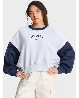 Nike White/navy Milwaukee Brewers Oversized High Hip Fleece Sweatshirt - Blue