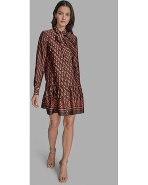 BCBGMAXAZRIA Satin Tie-neck Long-sleeve Shift Dress - Brown