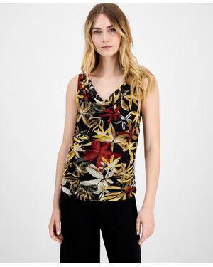 Anne Klein Printed Ruched Draped-neck Mesh Top - Multicolor