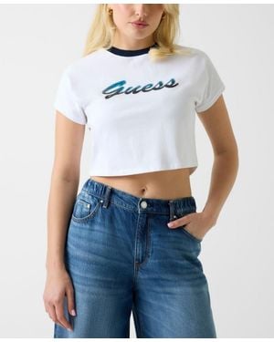 Guess Script Logo Crew Neck Crop T-shirt - Blue
