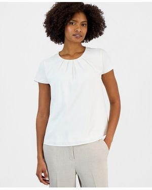 Kasper Cap-sleeve Pleated Neck Top - White