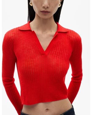 Mango Ribbed Polo Neck T-shirt - Red