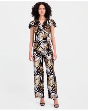 Anne Klein Leo Palm Print Flutter Sleeve Wrap Top Palm Print Pull On Wide Leg Pants - White