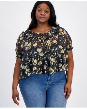 And Now This Trendy Plus Size Tie-front Puff-sleeve Top - Blue