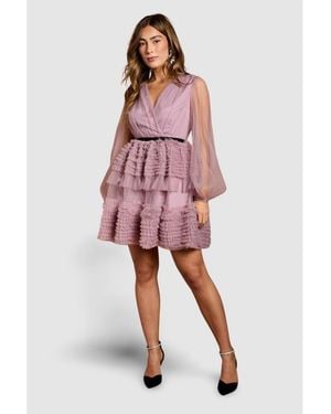 Coast Long Sleeve Mesh Wrap Top Mini Dress - Pink