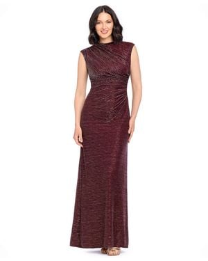 Betsy & Adam Cory Metallic Ruched Mock Neck Gown - Red