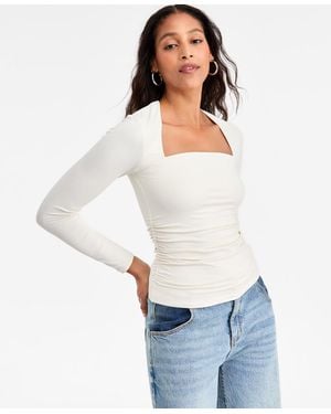 BarIII Square-neck Ruched Knit Top - White