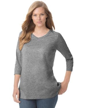 Woman Within Plus Size Within Perfect Three-quarter Sleeve V-neck Tee - Gray