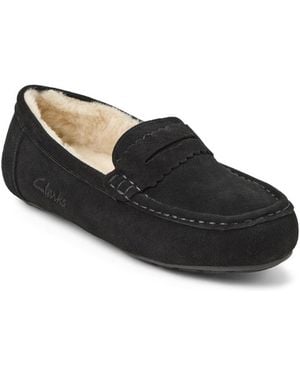 Clarks Memory Foam Moccasin Penny Loafer Suede Slippers - Black