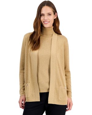 Anne Klein Petite Malibu Lurex Long-sleeve Open-front Cardigan Sweater - Natural