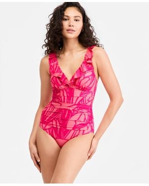 DKNY Ruffle Plunge Underwire Tummy Control One-piece Swimsuit - Pink