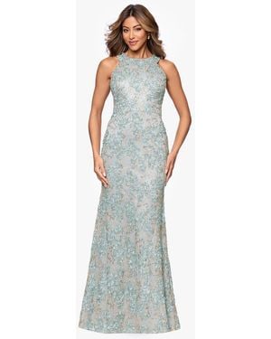 Xscape Petite High-neck Sleeveless Lace Sheath Gown - Blue