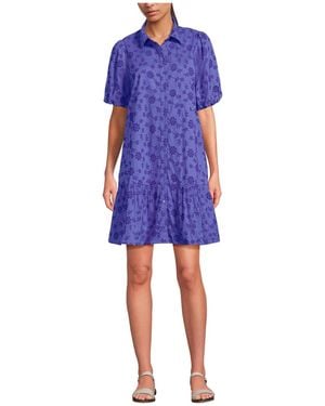 Lands' End Elbow Sleeve Eyelet Knee Length Shirt Dress - Blue