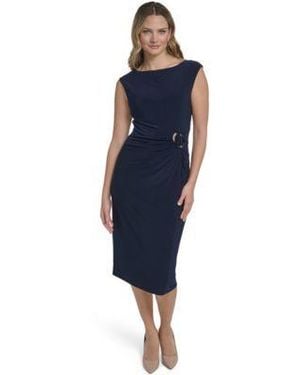 Jessica Howard Side Ruche Buckle Boat Neck Dress - Blue