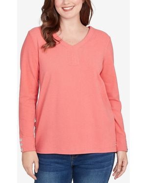 Ruby Rd. Petite Luxe Rib V-neck Button Accent Knit Top - Pink