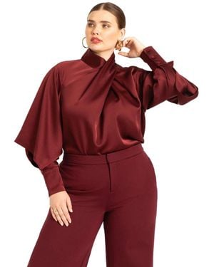 Eloquii Plus Size Draped Neck Satin Blouse - Red