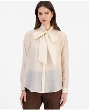Tahari Long-sleeve Tie-neck Chiffon Blouse - Natural