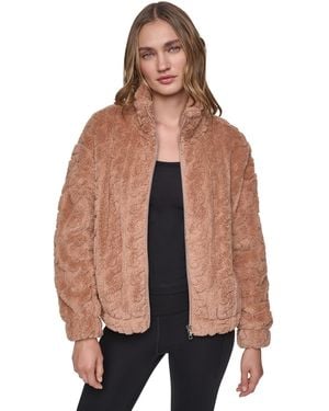 DKNY Cable-patterned Sherpa Full Zip Jacket - Brown