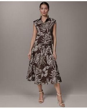 Donna Karan Button Front Drawstring Top Printed Pleated Skirt - Brown