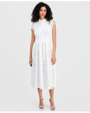 Anne Klein Mandarin-collar Ruffle-sleeve Midi Dress - White